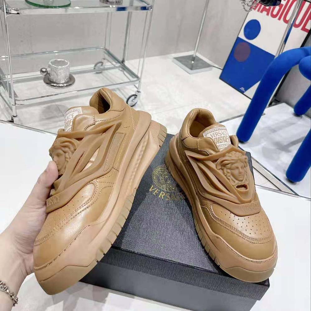 Versace Unisex Odissea Sneakers are Set on Rubber Soles with Perforated Toe Caps-Brown - image 6