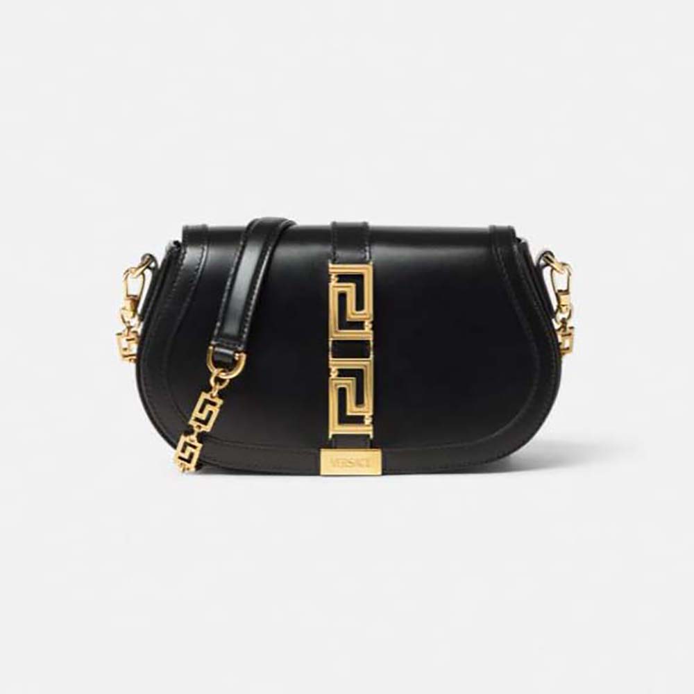 Front view of Versace Women Greca Goddess Shoulder Bag-Black showing Greca closure