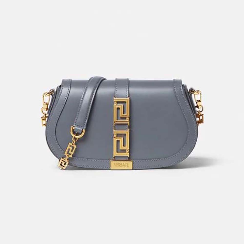Front view of Versace Women Greca Goddess Shoulder Bag-Silver with Medusa hardware