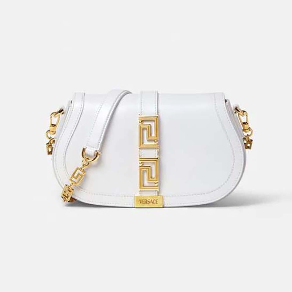 Front view of Versace Women Greca Goddess Shoulder Bag-White with flap closed