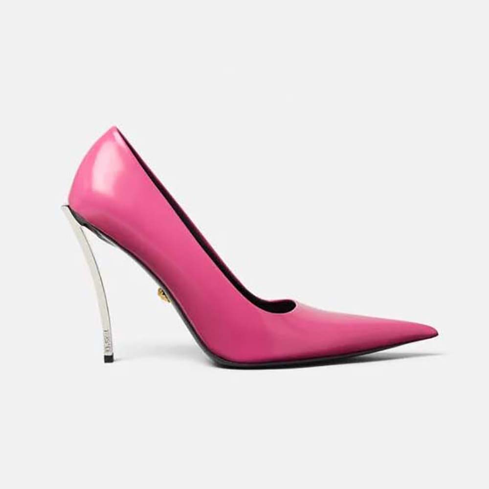 Side view of Versace Women Pin-Point Pumps Curved High Stiletto Heels-Pink