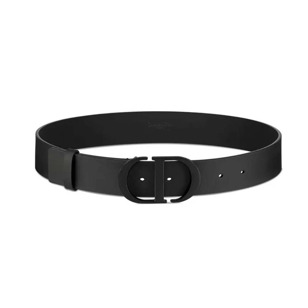 Front view of Dior Men 30 Montaigne Belt in Calfskin Leather-Black with buckle