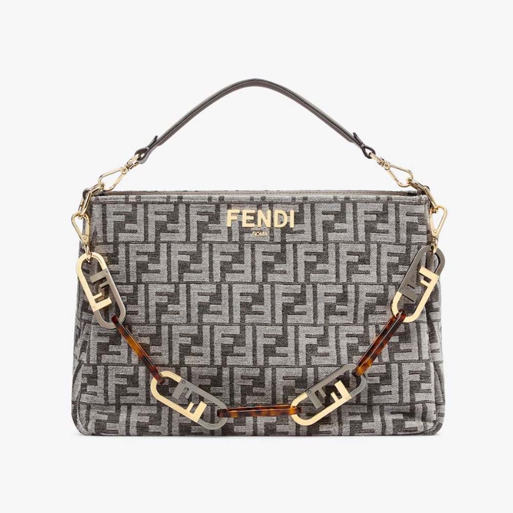 Front view of Fendi Women O’Lock Zip Dark Grey Tapestry Fabric Bag