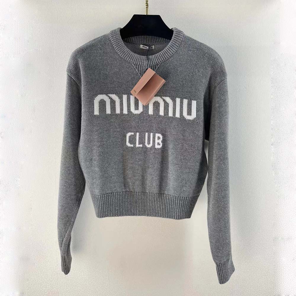 Front view of Miu Miu Women Cashmere Sweater with Intarsia Logo-Silver