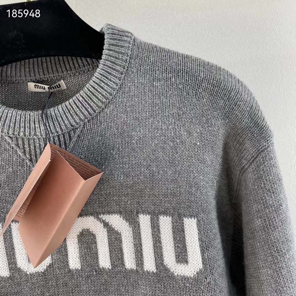 Miu Miu Women Cashmere Sweater with Intarsia Logo-Silver - image 4