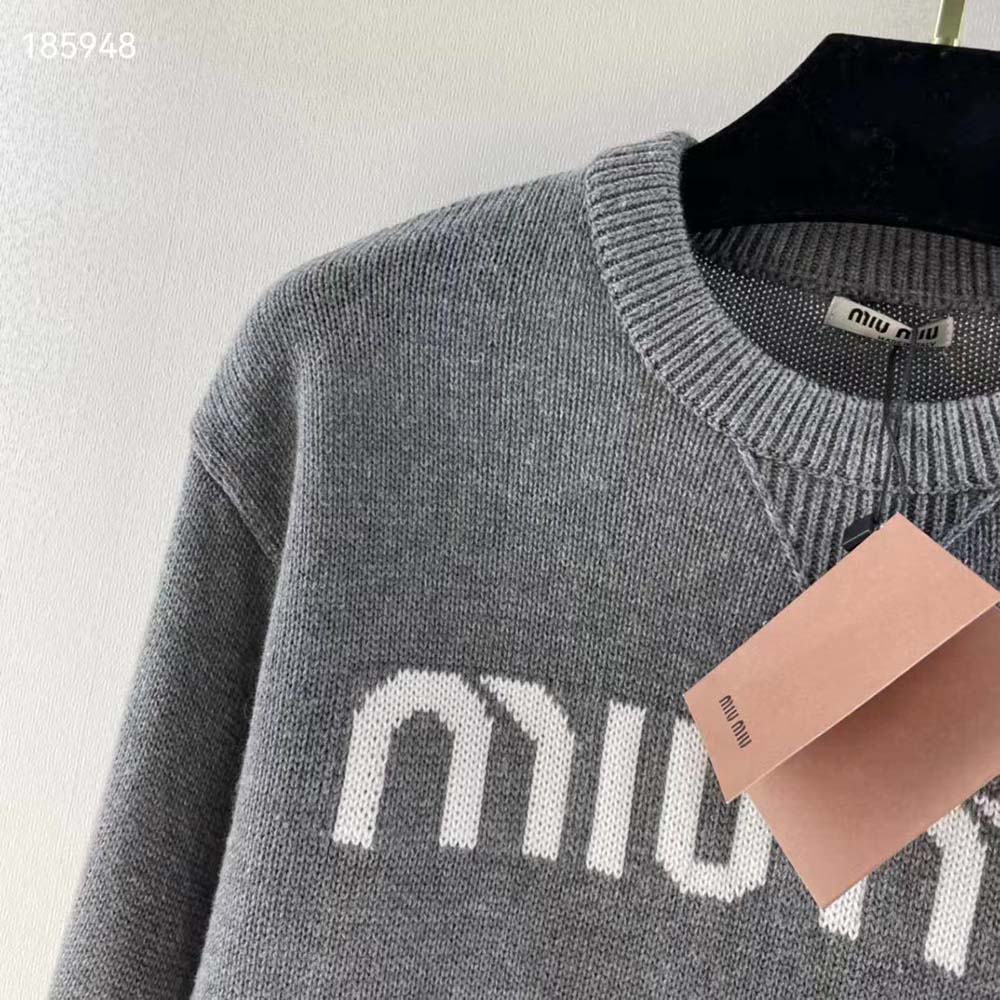 Miu Miu Women Cashmere Sweater with Intarsia Logo-Silver - image 5