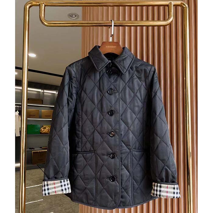 Side profile showing silhouette of Burberry Women BBR Black Diamond Jacket