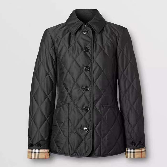 Front view of Burberry Women BBR Black Diamond Quilted Thermoregulated Jacket