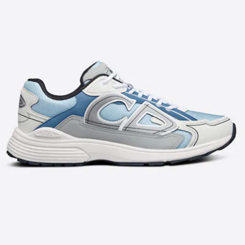 Side view of Dior Men CD Shoes B30 Low-Top Sneaker in light blue mesh