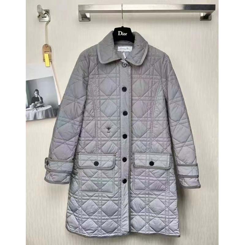 Front view of Dior Women CD Macrocannage Peacoat Gray Quilted Reflective Technical Taffeta