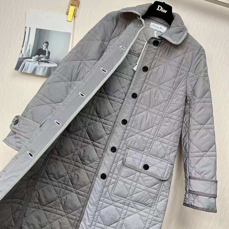 Side profile showing reflective sheen and silhouette of Dior Women CD Macrocannage Peacoat