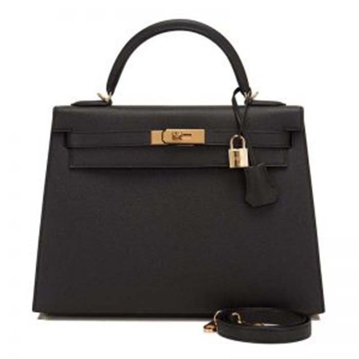 Front angled view of Hermes Women Kelly Sellier 32 Bag in black Togo leather
