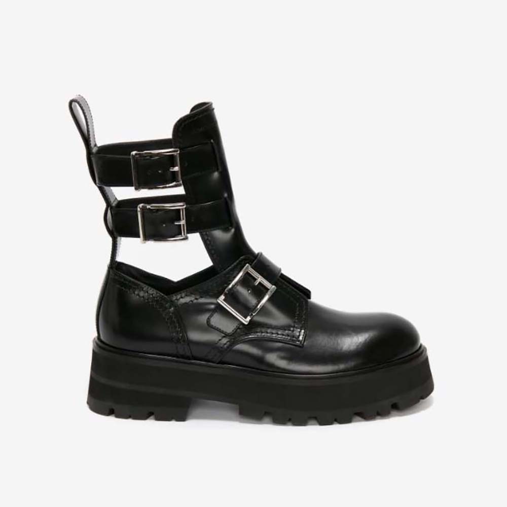 Side profile of Alexander Mcqueen Women Rave Buckle Boot black leather