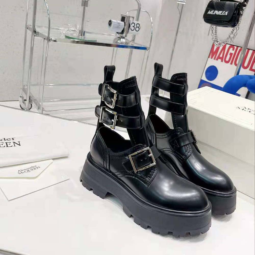 Close-up of silver buckle detail on Alexander Mcqueen Women Rave Buckle Boot