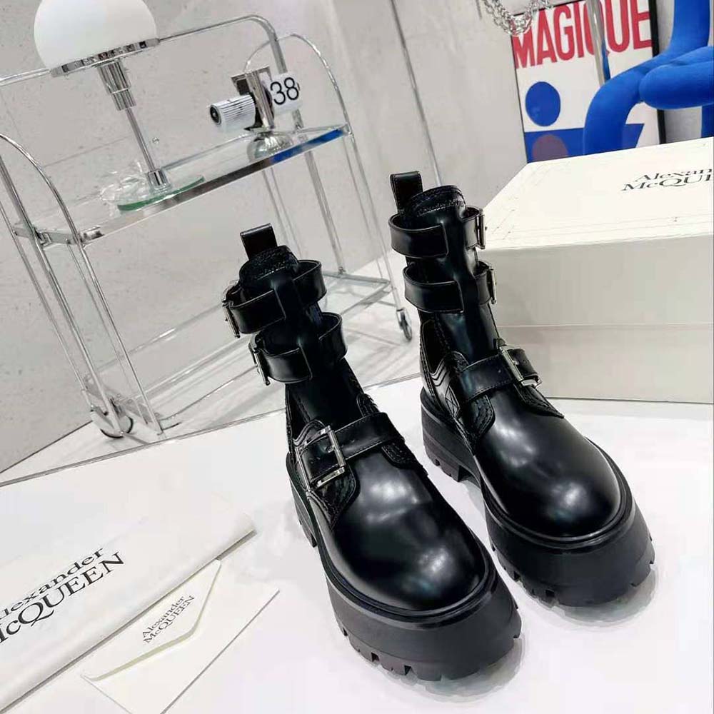 Front angle view of Alexander Mcqueen Women Rave Buckle Boot mid-calf silhouette