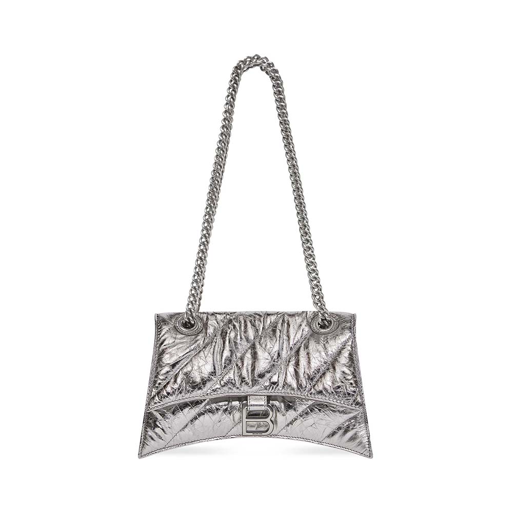Front view of Balenciaga Women Crush Small Chain Bag Metallized Quilted in Silver