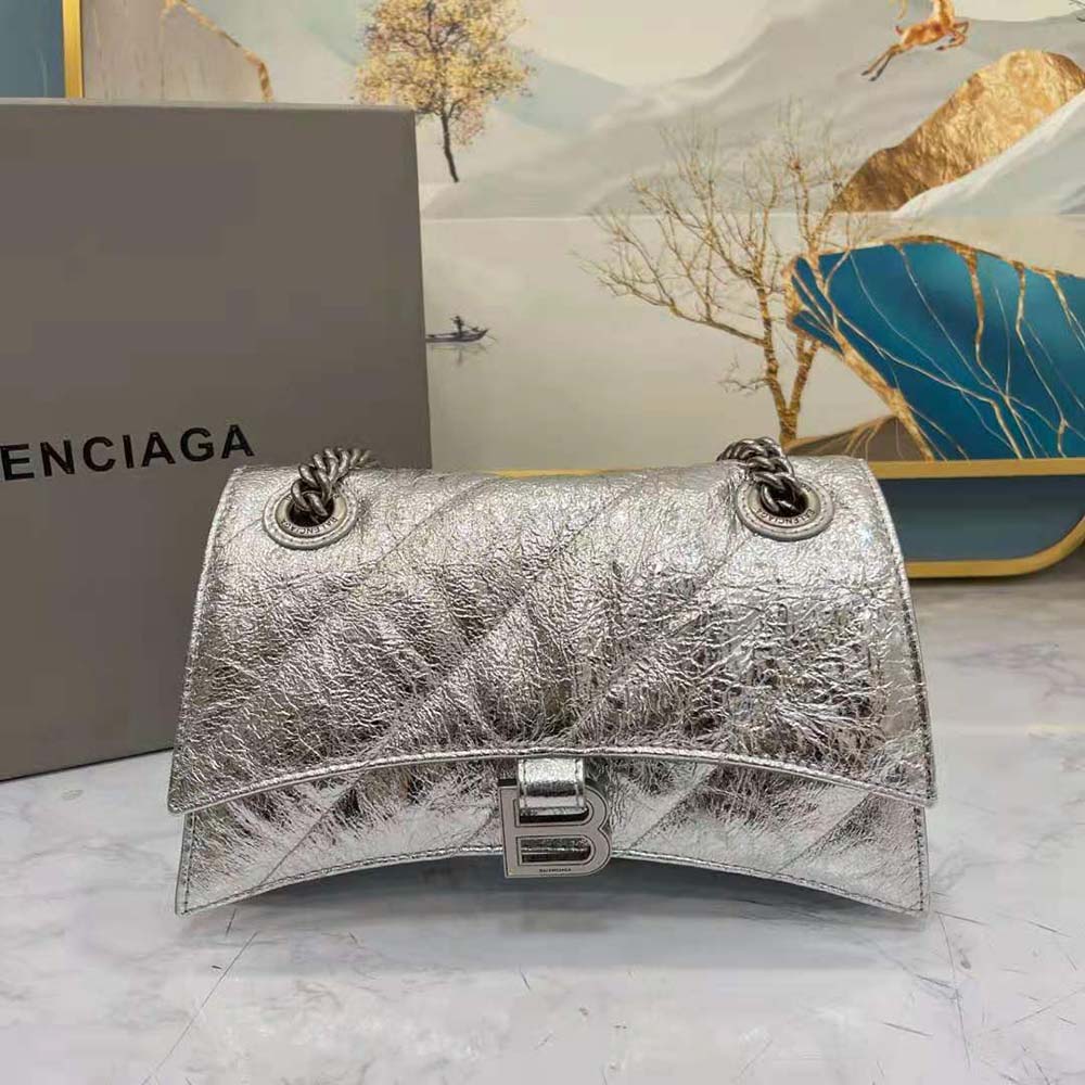 Close-up of silver quilted leather and chain hardware on Balenciaga bag