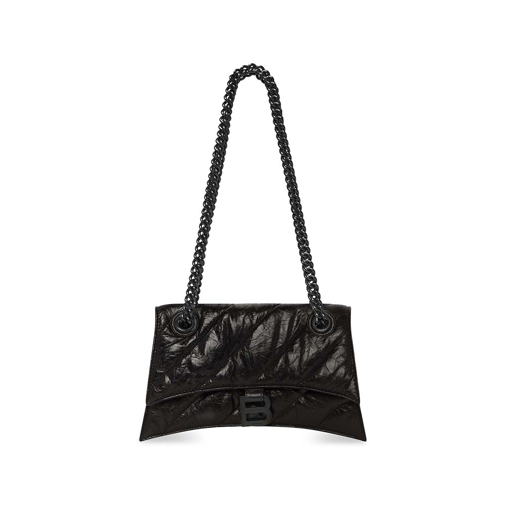 Front view of Balenciaga Women Crush Small Chain Bag Quilted in Black