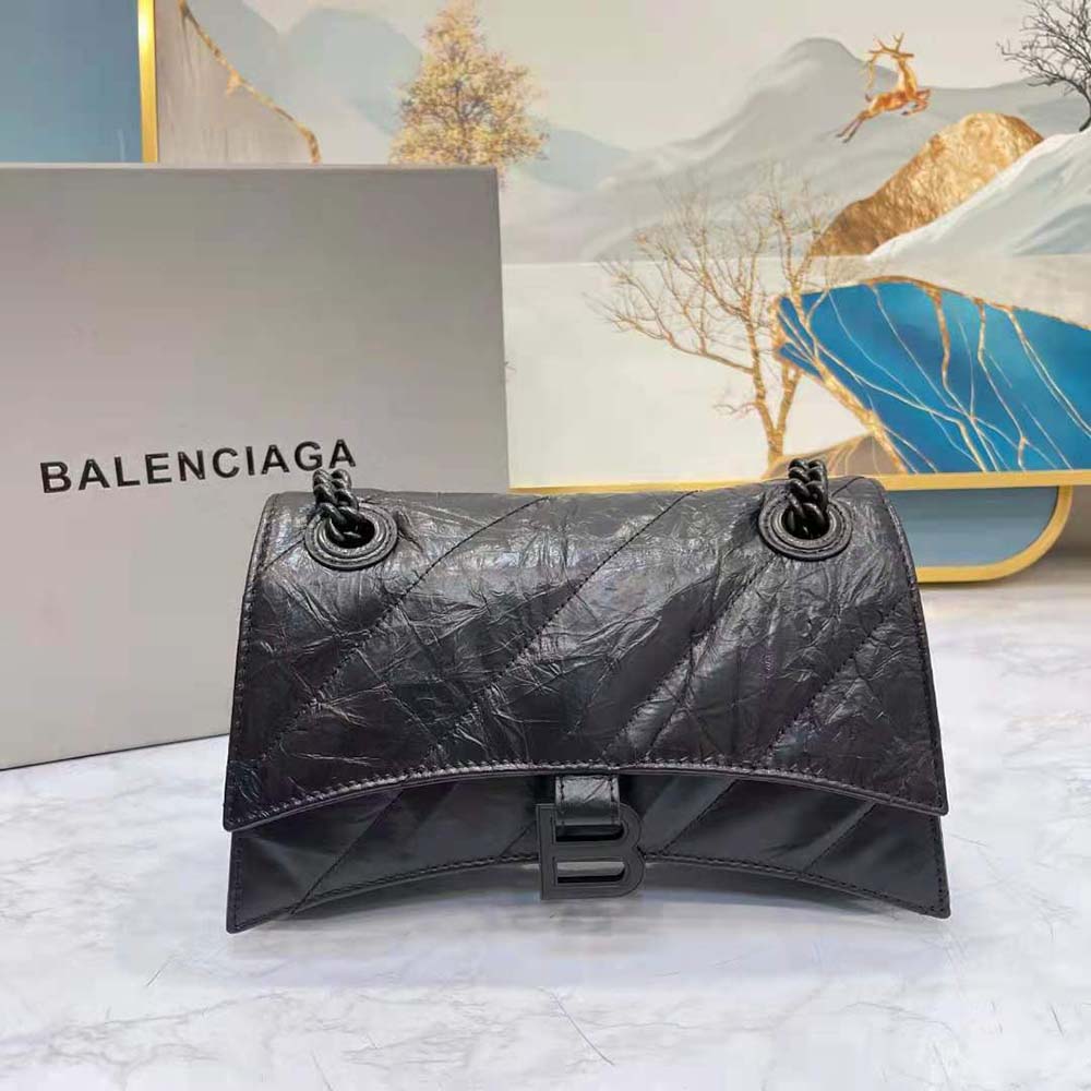 Close-up of quilted leather and chain strap on Balenciaga Women Crush Bag