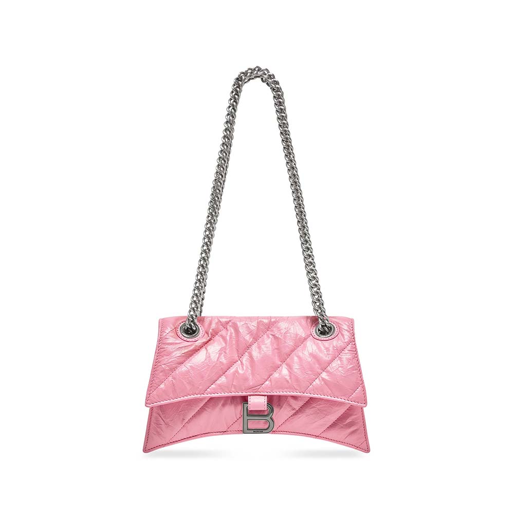 Front view of Balenciaga Women Crush Small Chain Bag Quilted in Optic Pink
