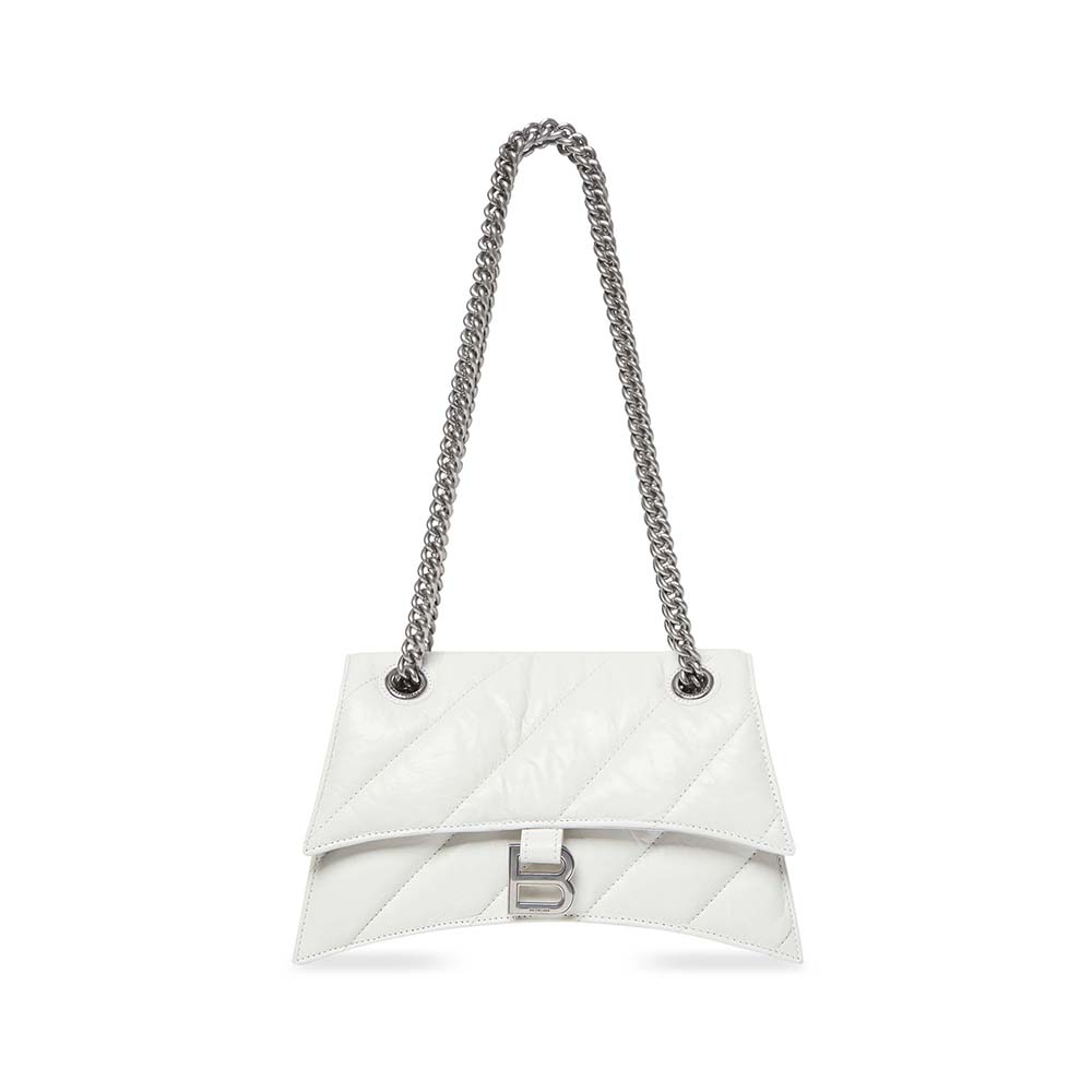 Front view of Balenciaga Women Crush Small Chain Bag Quilted in Optic White
