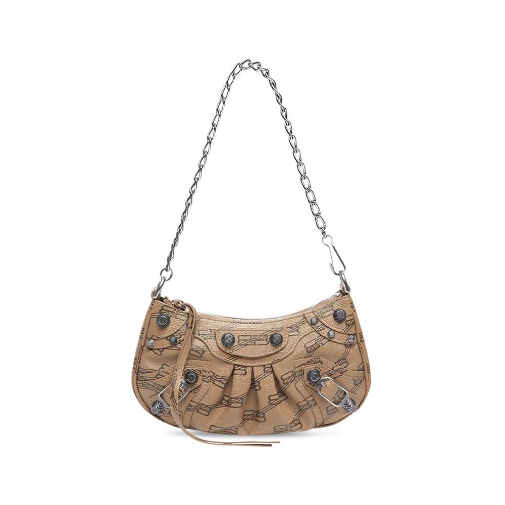 Front view of Balenciaga Women Le Cagole Mini Bag with Chain BB Monogram Beige