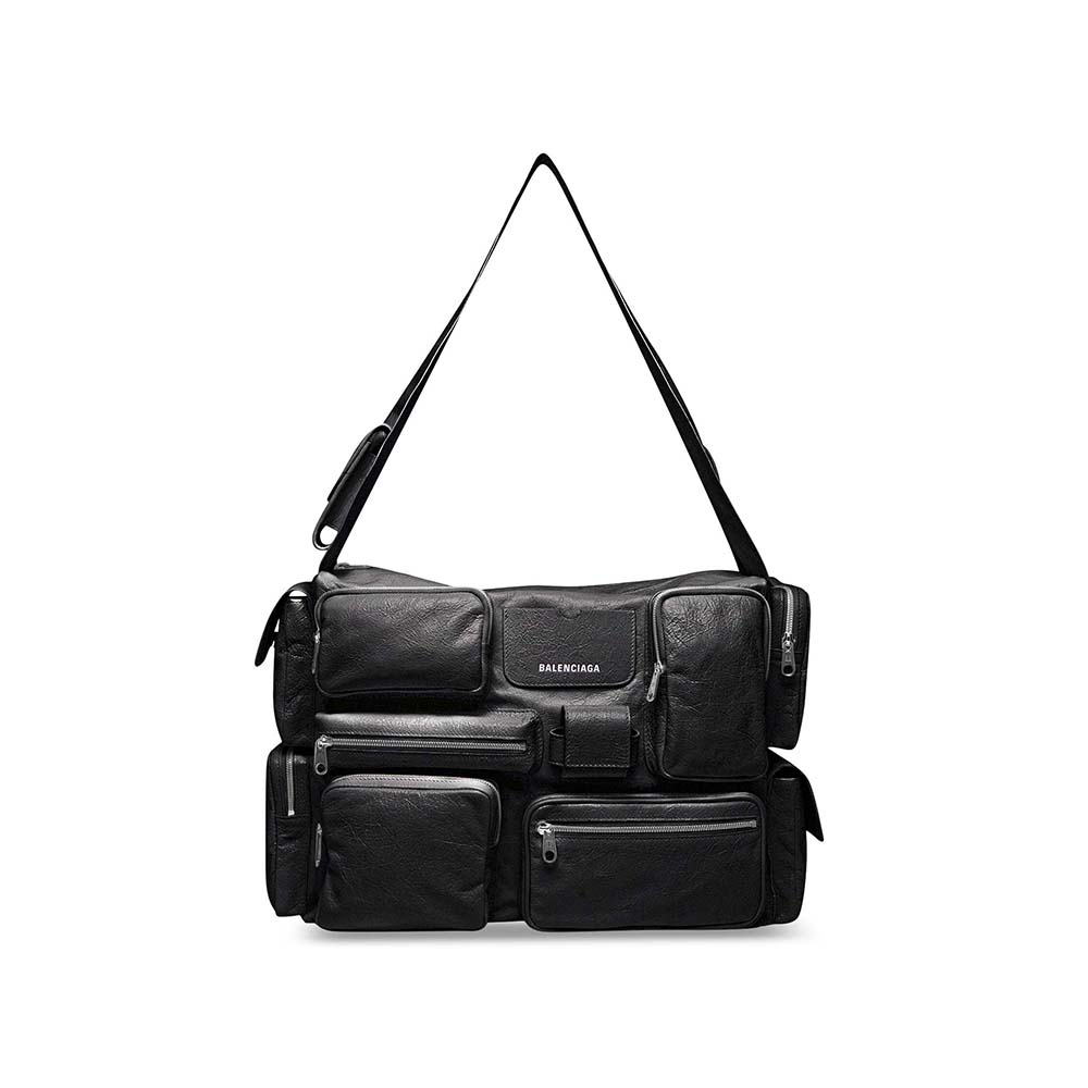 Front view of Balenciaga Women Superbusy Large Sling Bag in off Black lambskin