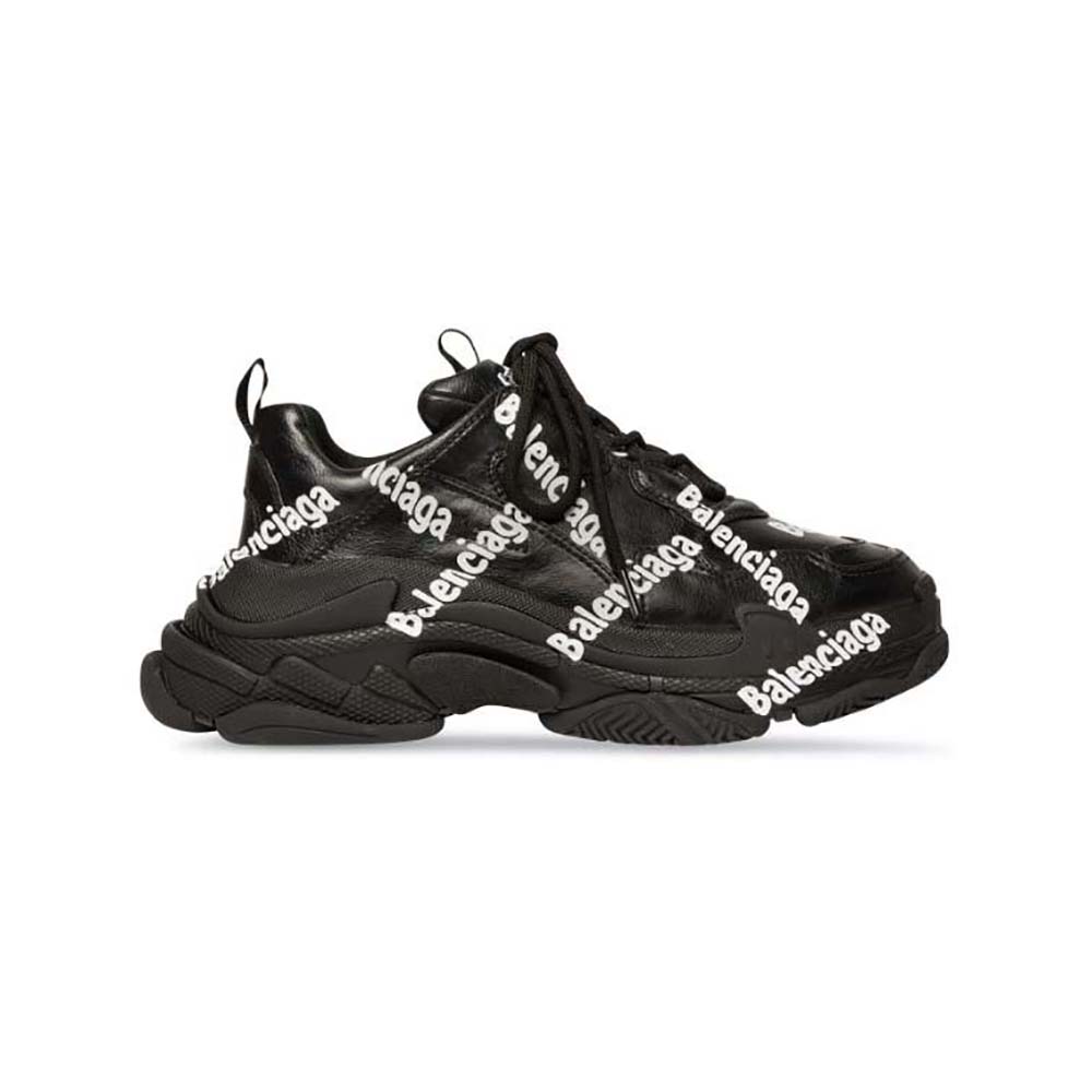 Side profile of Balenciaga Women Triple S Logotype Sneaker in black and white