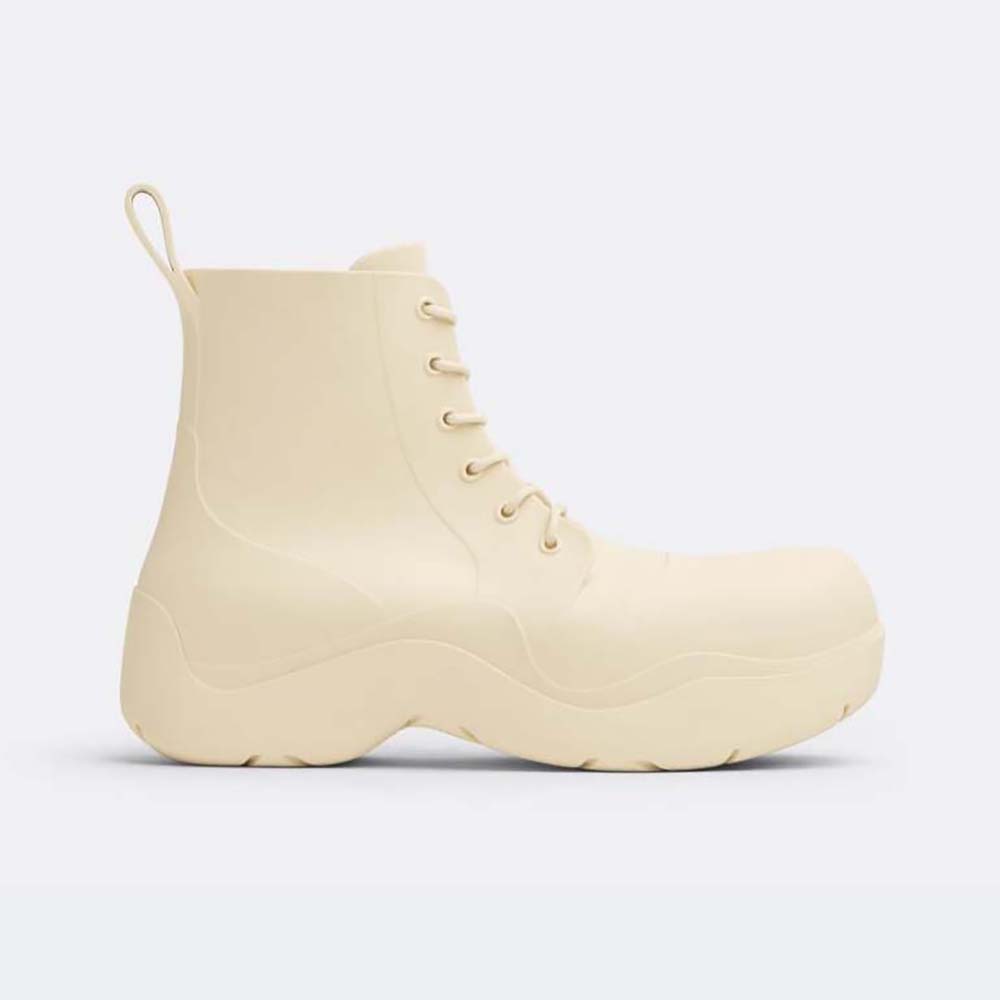 Side view of Bottega Veneta Unisex Puddle Lace-Up Ankle Boot-White