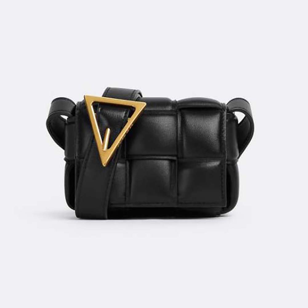 Front view of Bottega Veneta Women Candy Padded Cassette Mini Padded Intreccio Leather Cross-Body Bag black