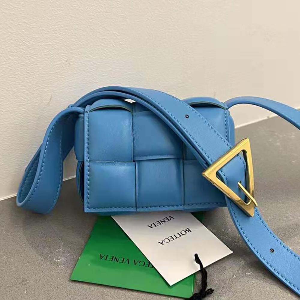 Close-up of blue padded intreccio leather detail on Bottega Veneta Candy Cassette bag