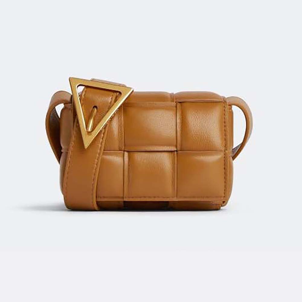 Front view of Bottega Veneta Women Candy Padded Cassette Mini Padded Intreccio Leather Cross-Body Bag-Brown