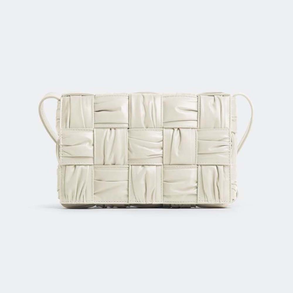 Front view of Bottega Veneta Women Cassette Foulard Intreccio Leather Cross-Body Bag in white