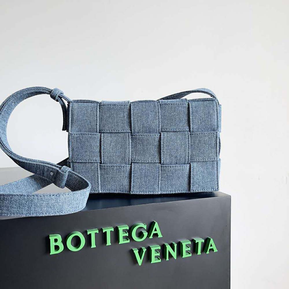 Close-up detail of intreccio weave on Bottega Veneta Cassette denim bag