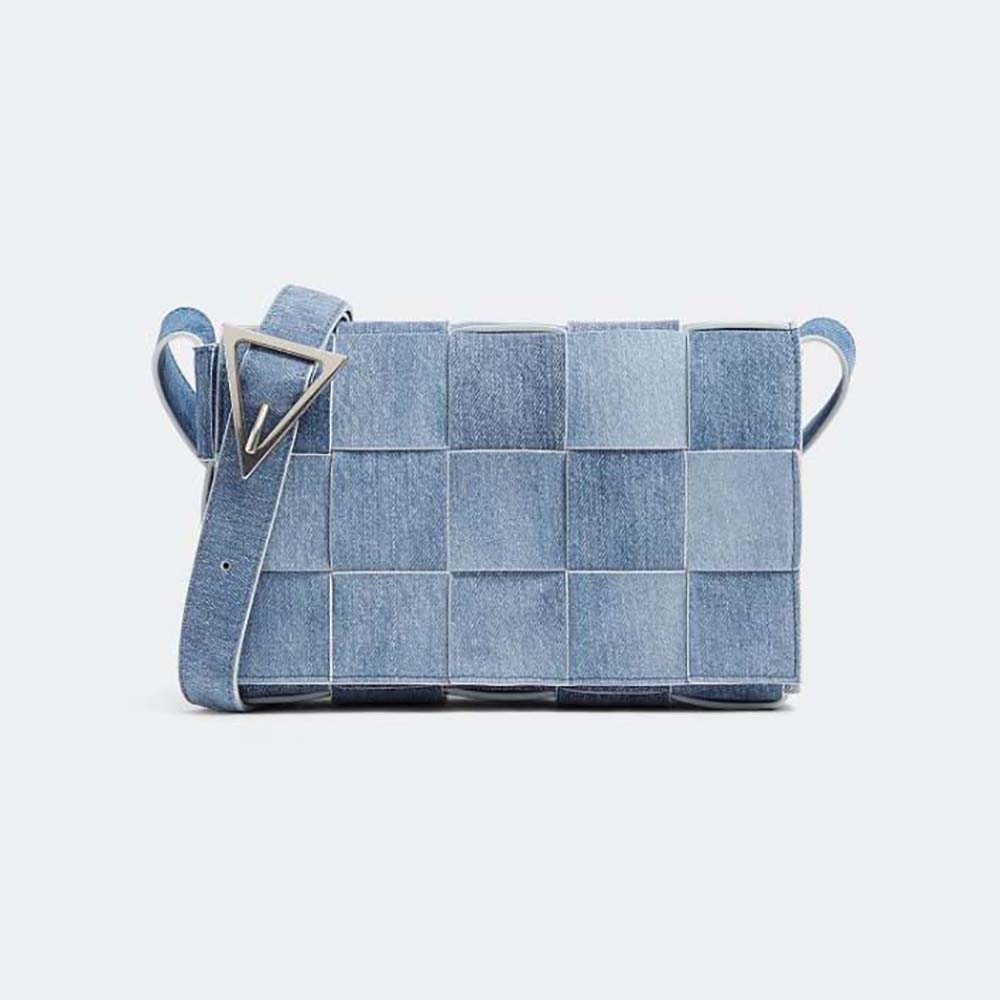 Front view of Bottega Veneta Women Cassette Medium Intreccio Denim-Effect Leather Crossbody Bag
