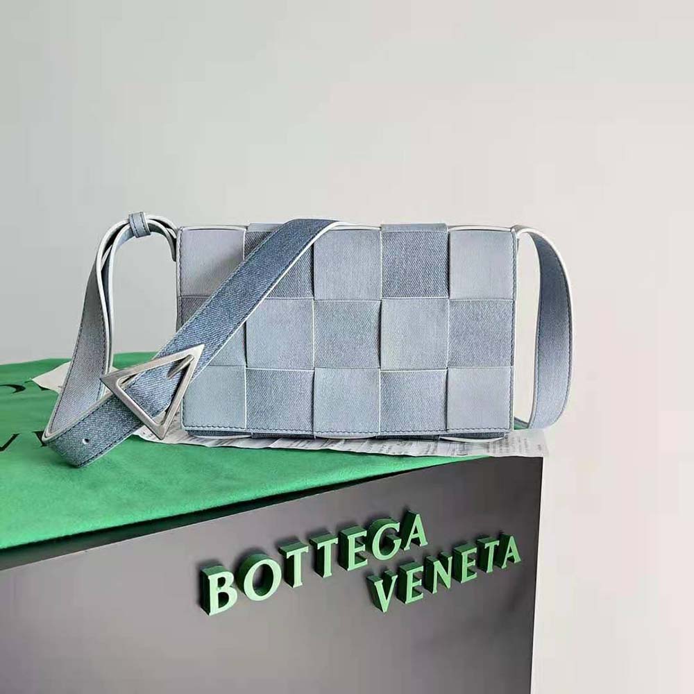 Close-up of intreccio weave detail on Bottega Veneta denim-effect leather bag
