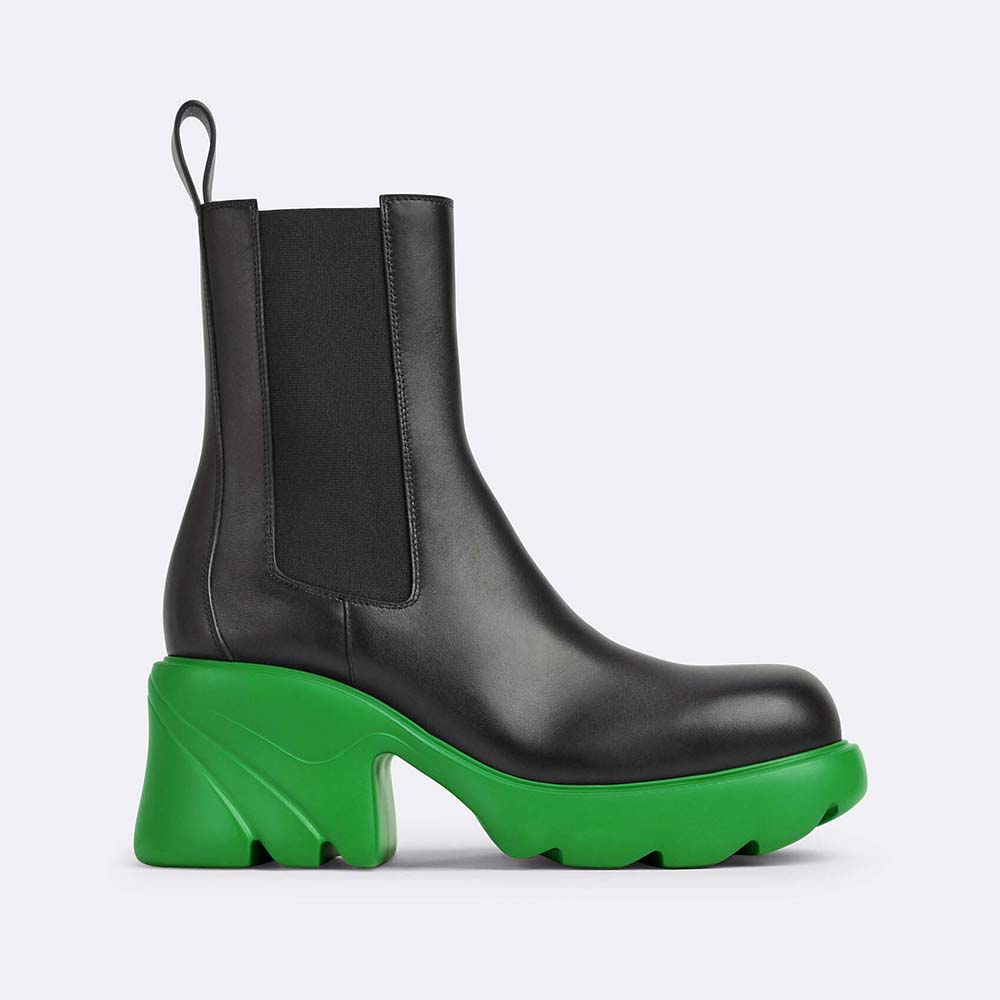 Side view of Bottega Veneta Women Flash Ankle Chelsea Boot Shearling-Green