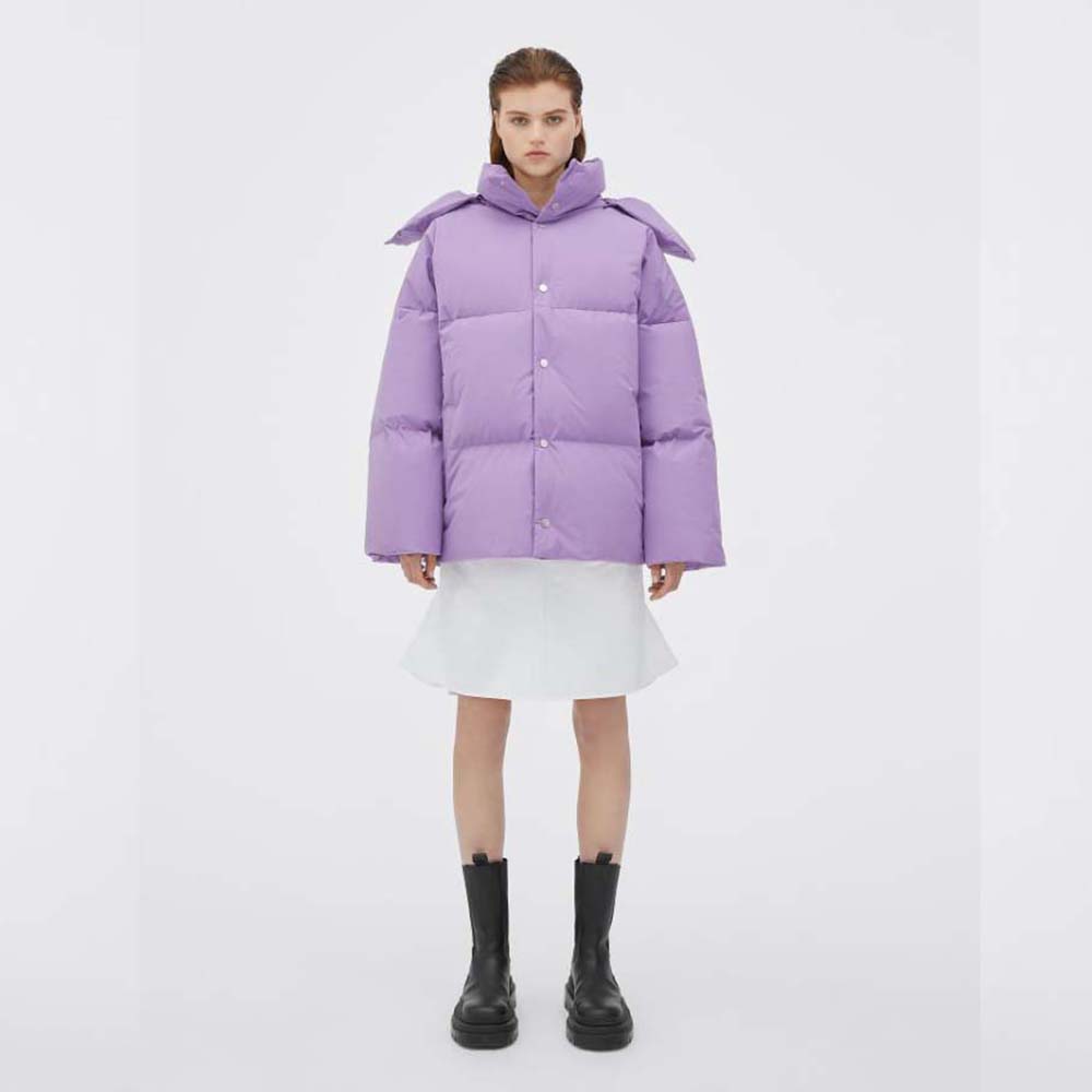 Front angle of Bottega Veneta Women Frosted Poplin Puffer Jacket-Purple showcasing zip closure