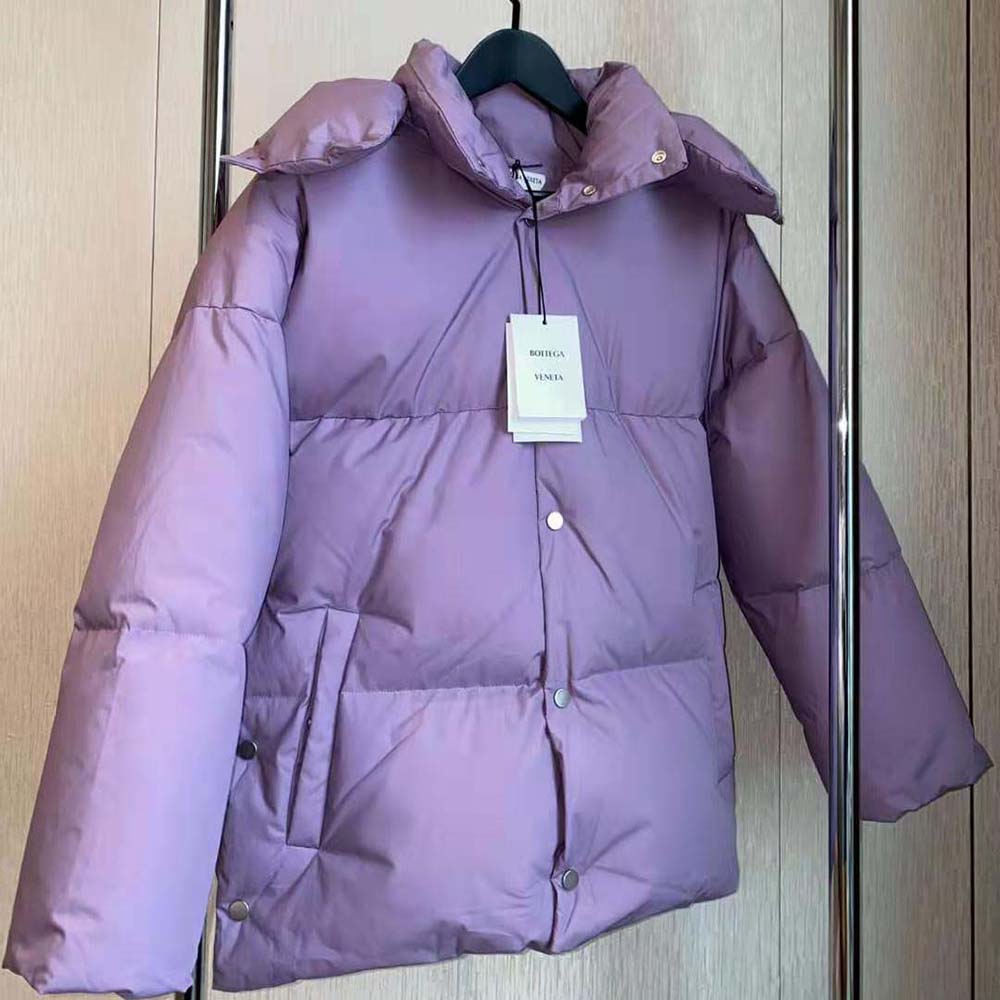 Close-up of frosted poplin texture on Bottega Veneta Women Frosted Poplin Puffer Jacket-Purple