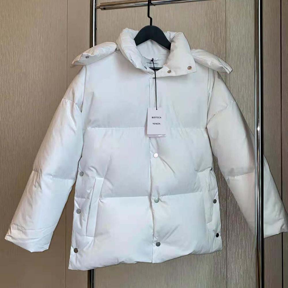 Close-up of frosted poplin texture and matte zipper on Bottega Veneta jacket
