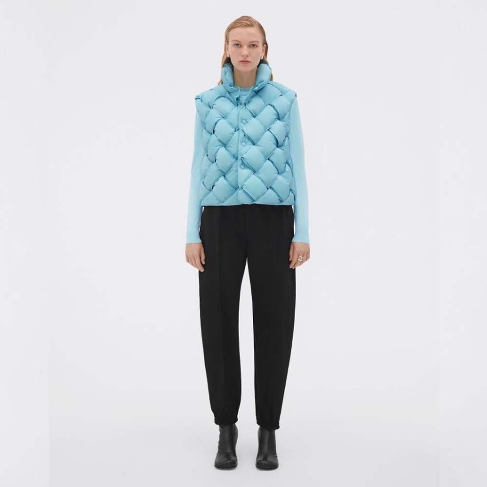 Front view of Bottega Veneta Women Intreccio Tech Nylon Gilet-Blue showing zipper