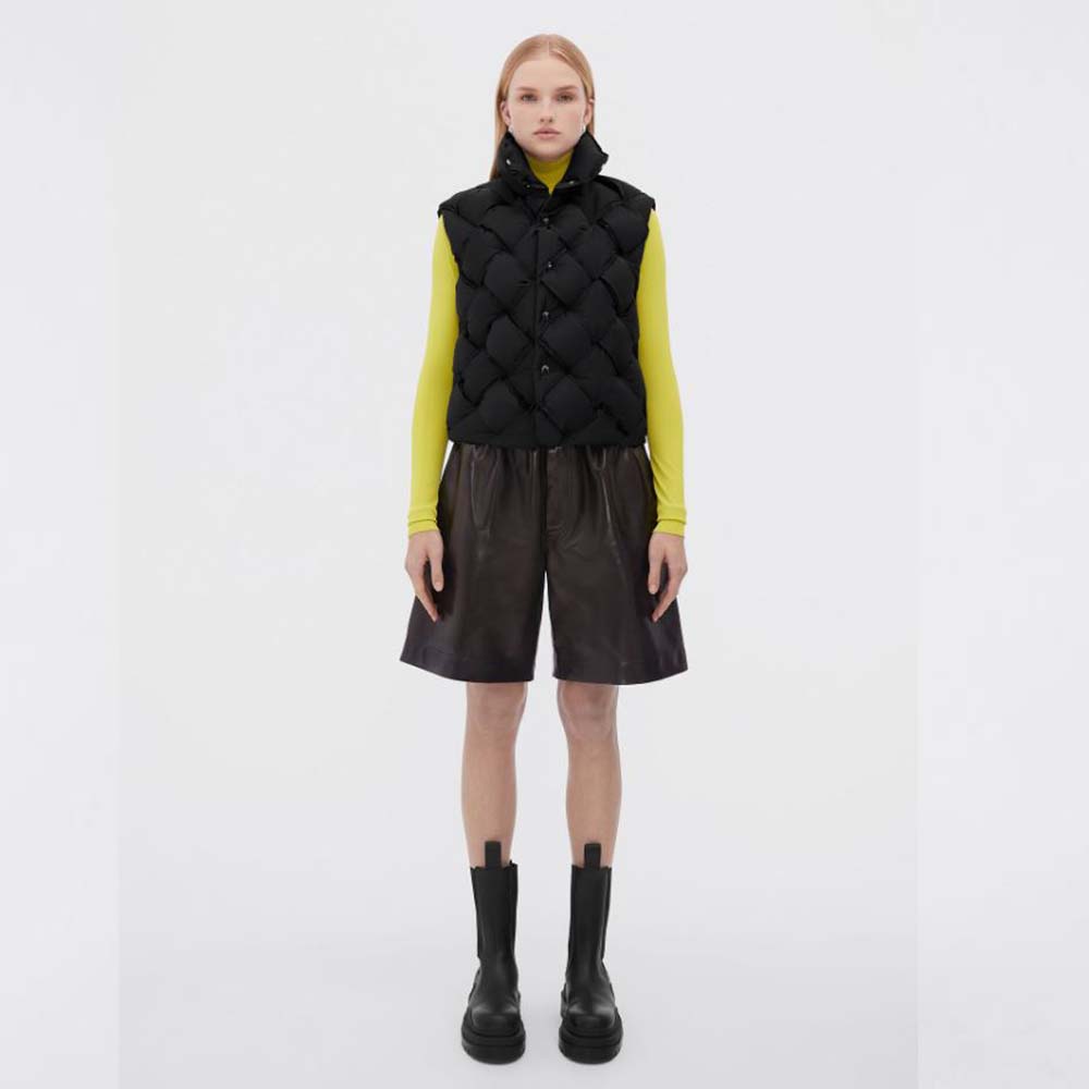 Front view of Bottega Veneta Women Intreccio Tech Nylon Vest-Black