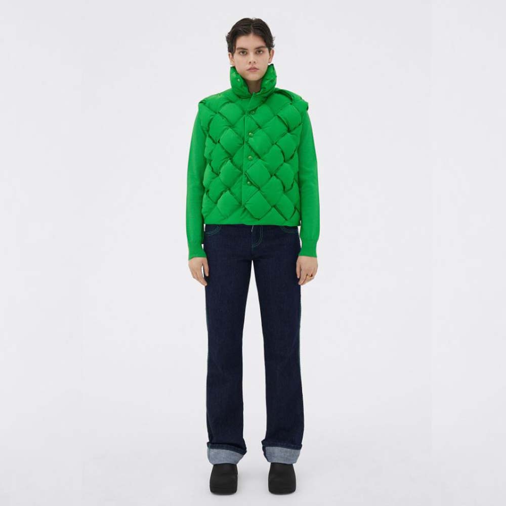 Front view of Bottega Veneta Women Intreccio Tech Nylon Vest-Green