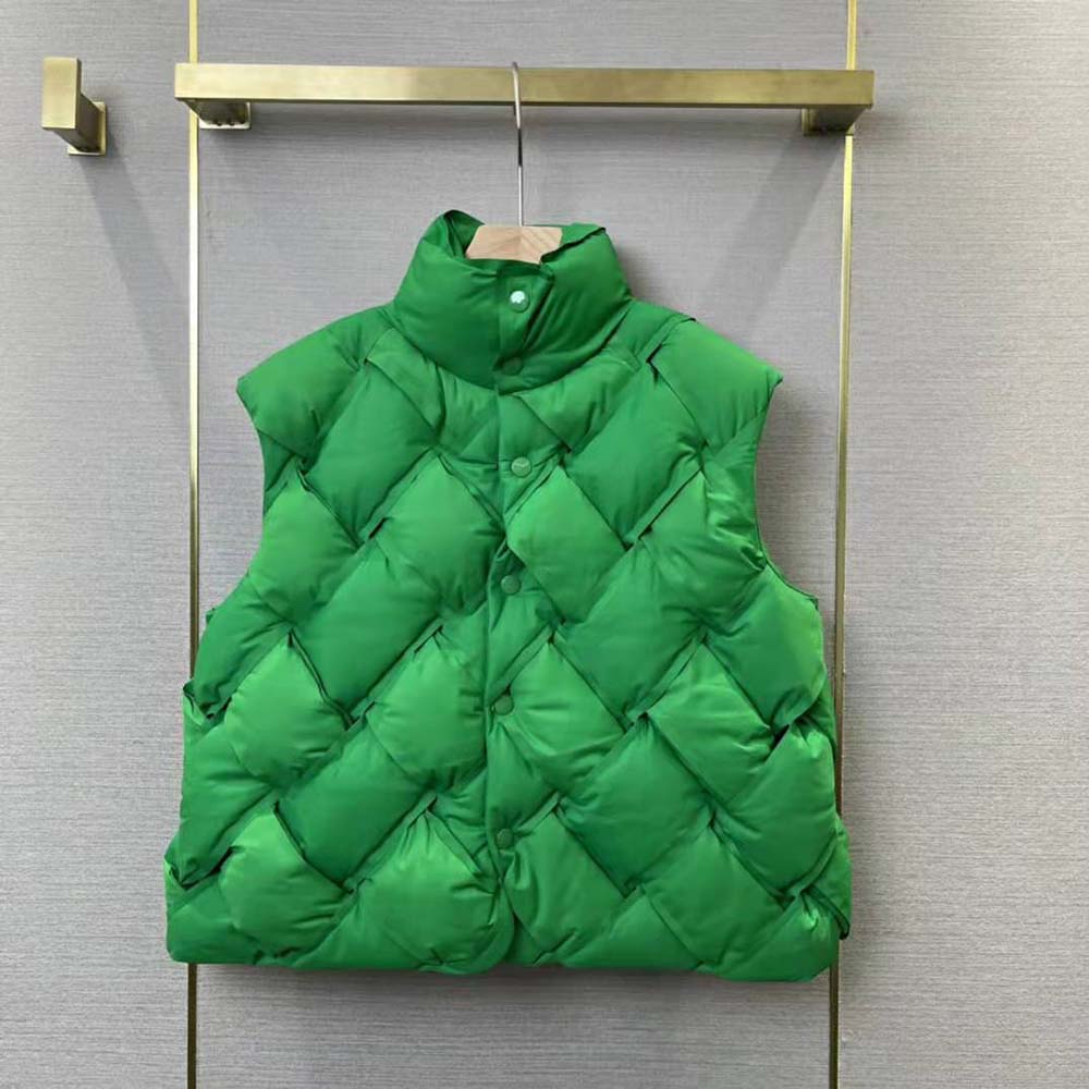 Close-up of intreccio weave detail on Bottega Veneta green vest