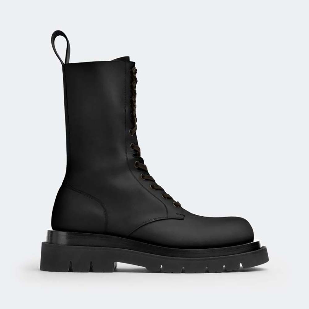 Side view of Bottega Veneta Unisex Lug Lace-Up Boot in Black calfskin