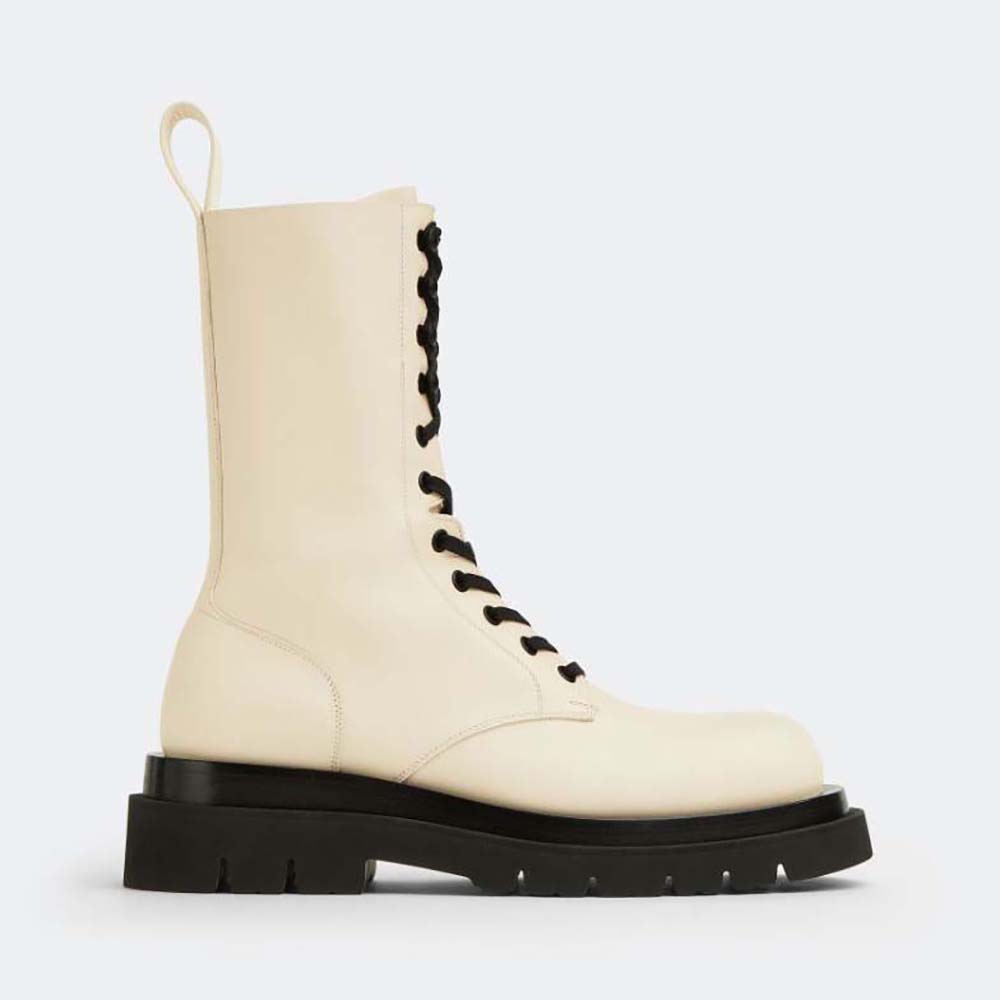 Side view of Bottega Veneta Women Lug Lace-Up Boot in Calfskin Leather-White