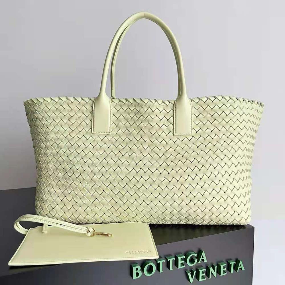 Close-up detail of intrecciato weave on Bottega Veneta leather tote lime