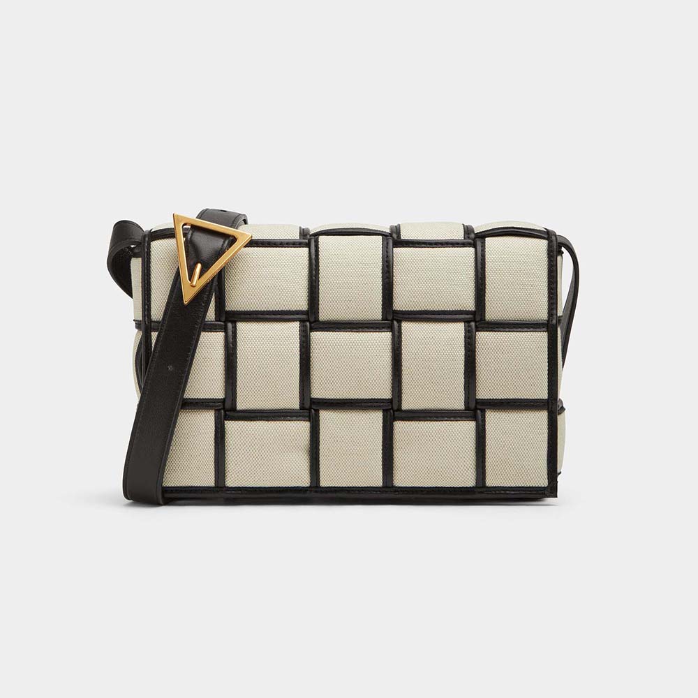 Front view of Bottega Veneta Women Padded Cassette Intreccio Canvas Cross-Body Bag