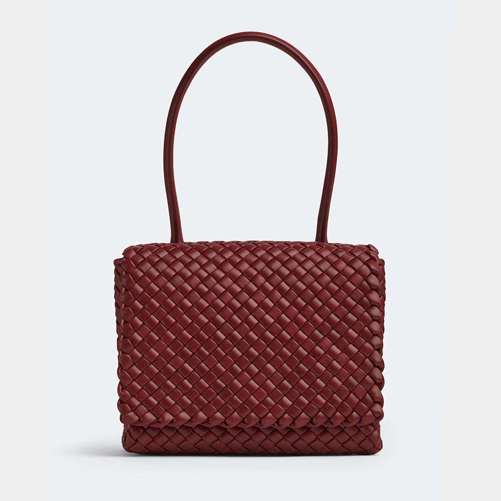 Front view close-up of Bottega Veneta Women Patti Top Handle Bag maroon lambskin
