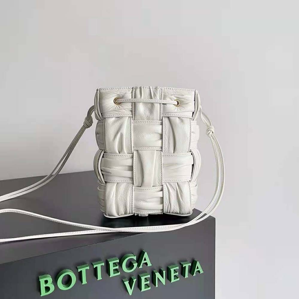 Close-up of intrecciato weave detail on Bottega Veneta Small Cassette Bucket Bag